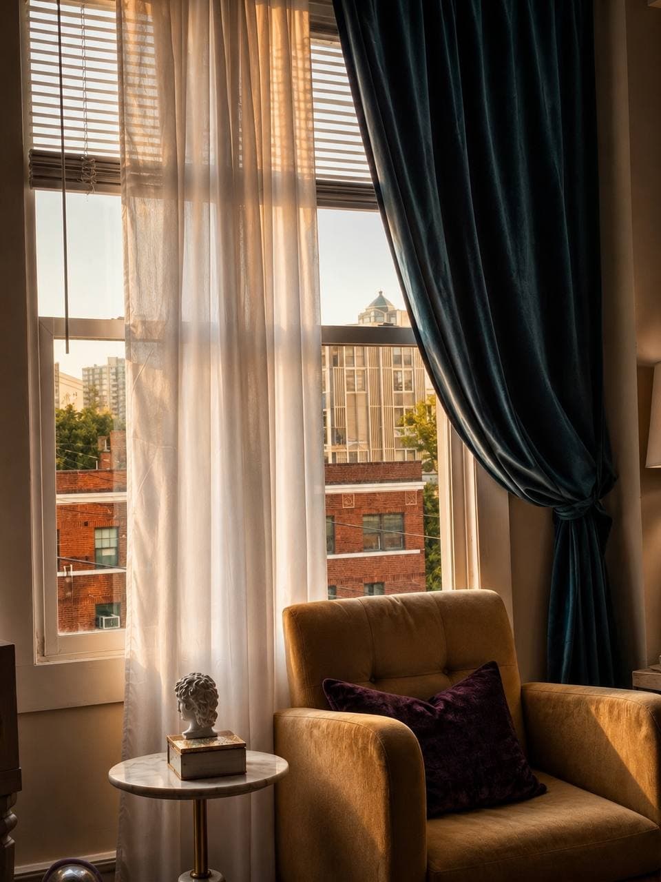 Rincón del hogar con sillón mostaza y vista desde la ventana