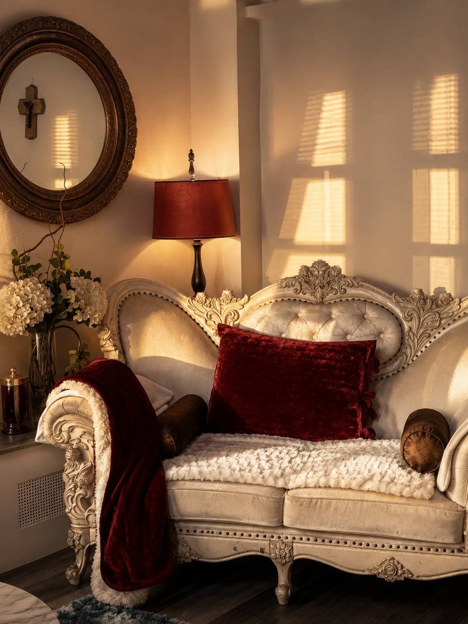 Sala del hogar de Max con sofá, espejo y luz cálida de tarde